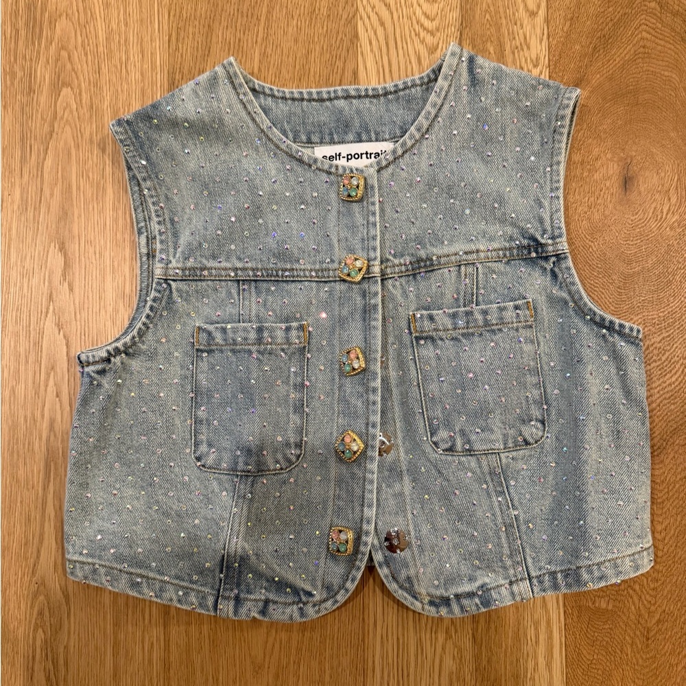 Self-Portrait Rhinstone Blue Denim Vest